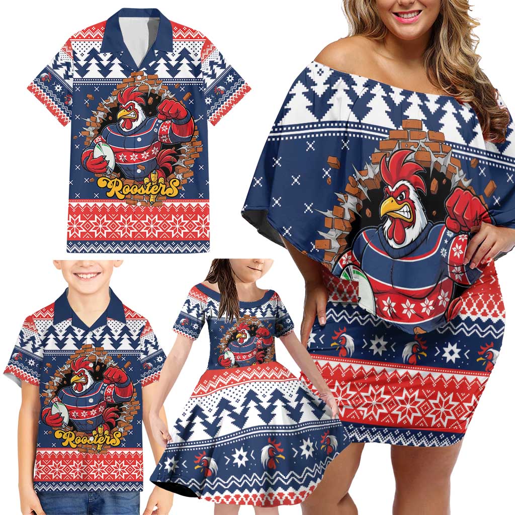 Roosters Xmas Glory Personalised Family Matching Off Shoulder Short Dress and Hawaiian Shirt Christmas Rugby League Spirit - Aussie Hoodie