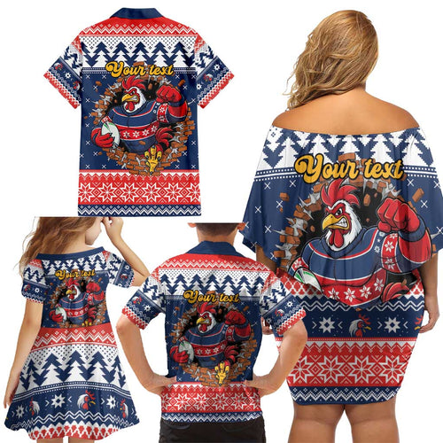 Roosters Xmas Glory Personalised Family Matching Off Shoulder Short Dress and Hawaiian Shirt Christmas Rugby League Spirit - Aussie Hoodie