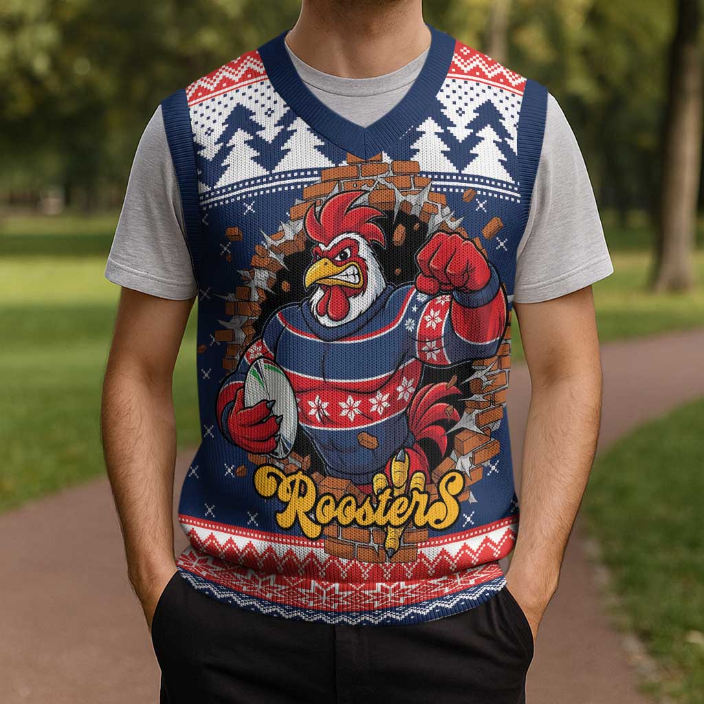 Roosters Xmas Glory Personalised Christmas Knitted V-Neck Vest Christmas Rugby League Spirit - Aussie Hoodie