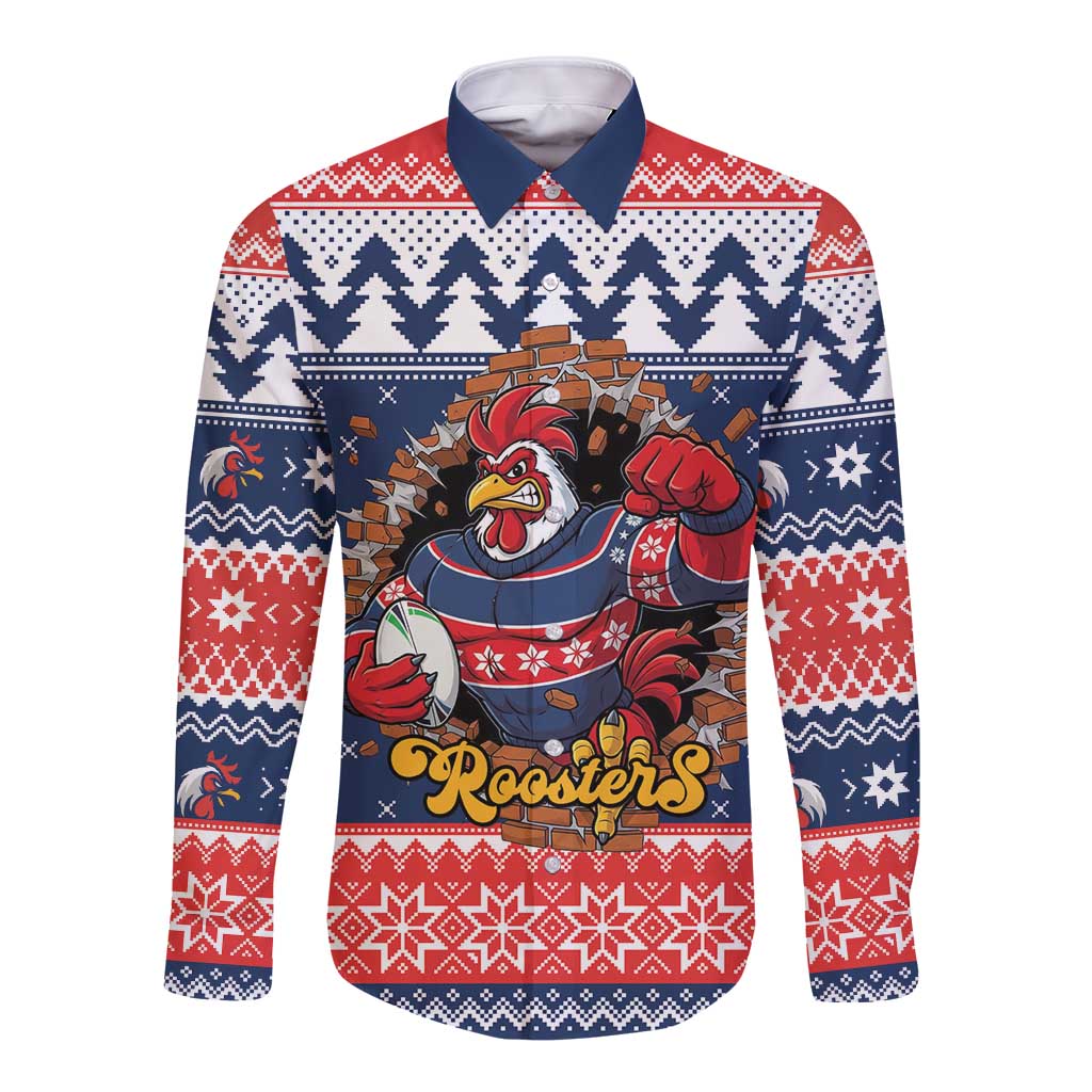 Roosters Xmas Glory Personalised Long Sleeve Button Shirt Christmas Rugby League Spirit - Aussie Hoodie