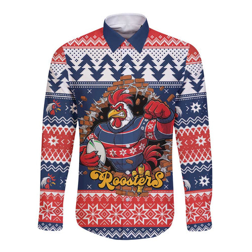 Roosters Xmas Glory Personalised Long Sleeve Button Shirt Christmas Rugby League Spirit - Aussie Hoodie