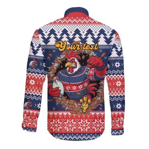 Roosters Xmas Glory Personalised Long Sleeve Button Shirt Christmas Rugby League Spirit - Aussie Hoodie