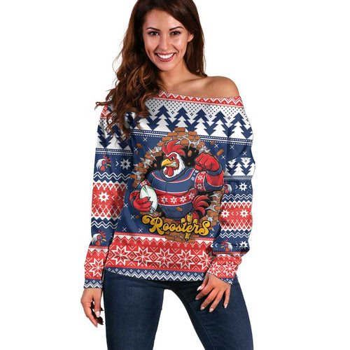 Roosters Xmas Glory Personalised Off Shoulder Sweater Christmas Rugby League Spirit - Aussie Hoodie
