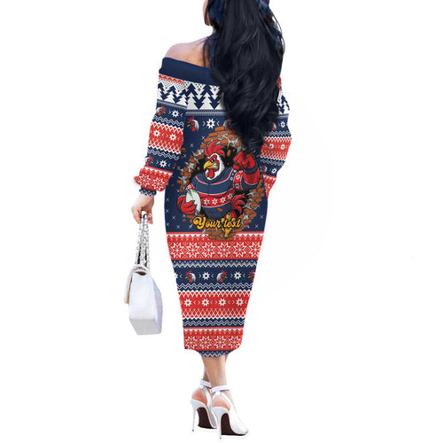 Roosters Xmas Glory Personalised Off The Shoulder Long Sleeve Dress Christmas Rugby League Spirit - Aussie Hoodie