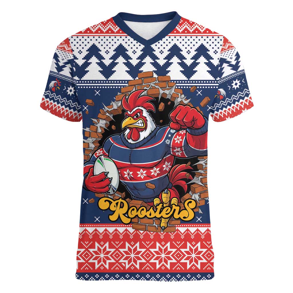 Roosters Xmas Glory Personalised Women V-Neck T-Shirt Christmas Rugby League Spirit - Aussie Hoodie