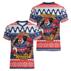 Roosters Xmas Glory Personalised Women V-Neck T-Shirt Christmas Rugby League Spirit - Aussie Hoodie