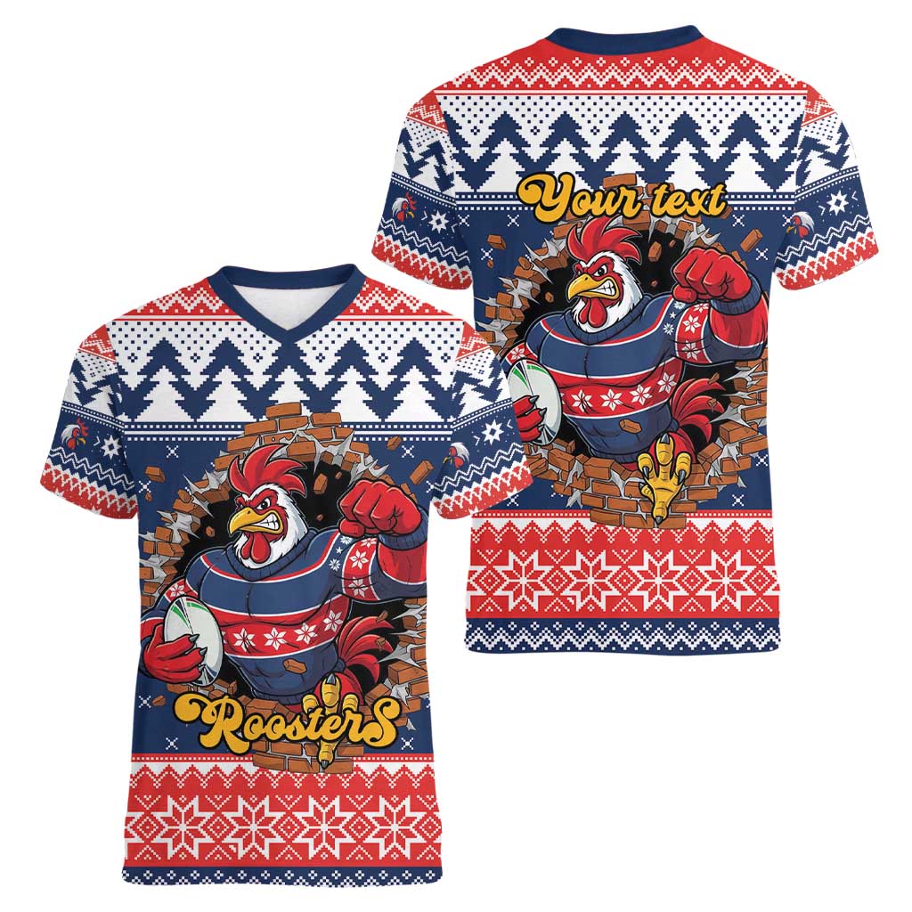 Roosters Xmas Glory Personalised Women V-Neck T-Shirt Christmas Rugby League Spirit - Aussie Hoodie