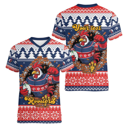 Roosters Xmas Glory Personalised Women V-Neck T-Shirt Christmas Rugby League Spirit - Aussie Hoodie
