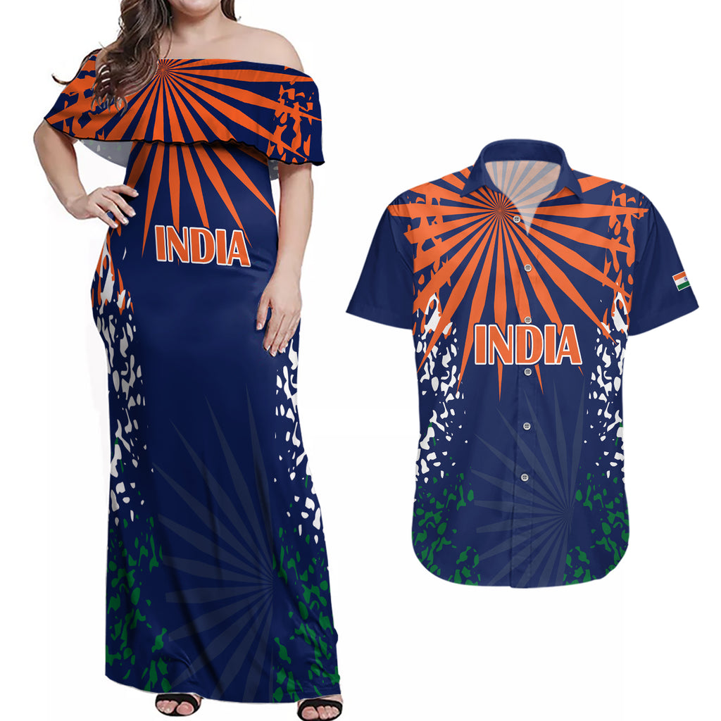 india-cricket-2023-couples-matching-off-shoulder-maxi-dress-and-hawaiian-shirt-bharat-simple-flag-style
