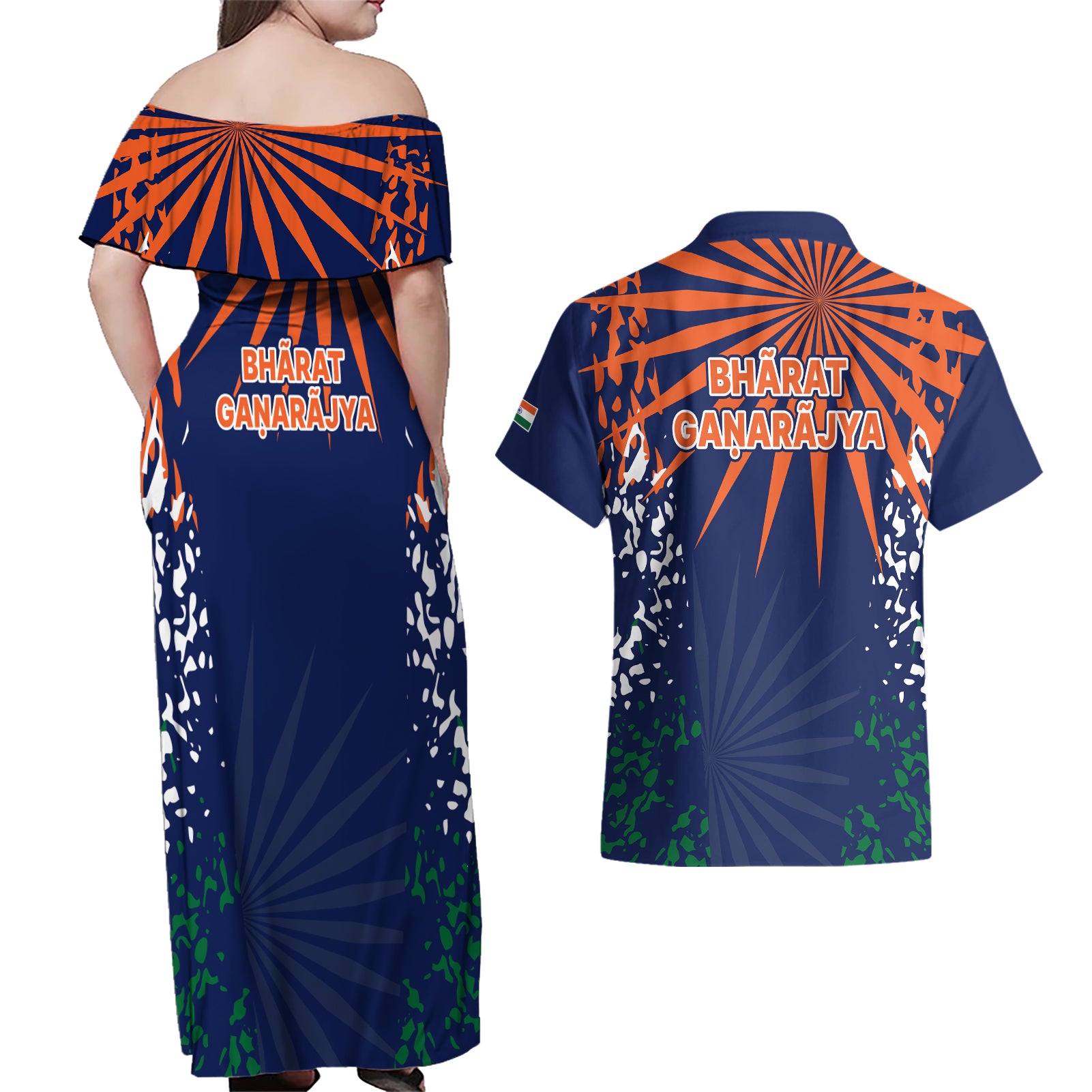 india-cricket-2023-couples-matching-off-shoulder-maxi-dress-and-hawaiian-shirt-bharat-simple-flag-style