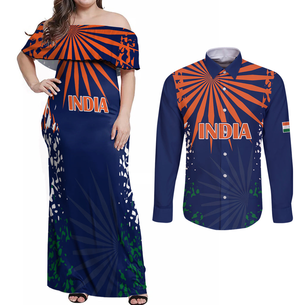 india-cricket-2023-couples-matching-off-shoulder-maxi-dress-and-long-sleeve-button-shirts-bharat-simple-flag-style
