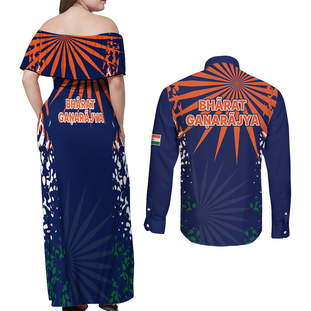 india-cricket-2023-couples-matching-off-shoulder-maxi-dress-and-long-sleeve-button-shirts-bharat-simple-flag-style