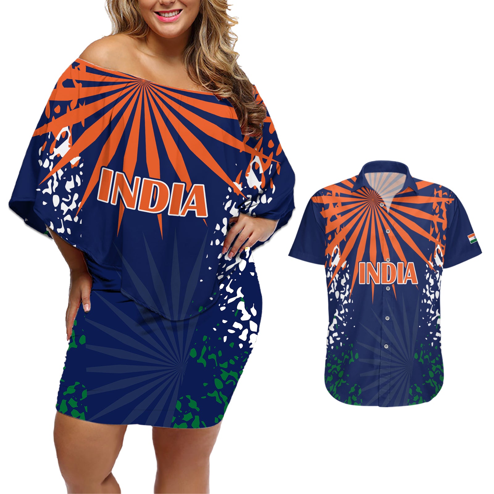 india-cricket-2023-couples-matching-off-shoulder-short-dress-and-hawaiian-shirt-bharat-simple-flag-style