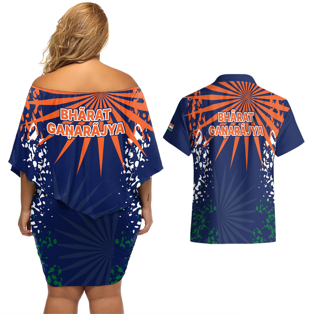 india-cricket-2023-couples-matching-off-shoulder-short-dress-and-hawaiian-shirt-bharat-simple-flag-style