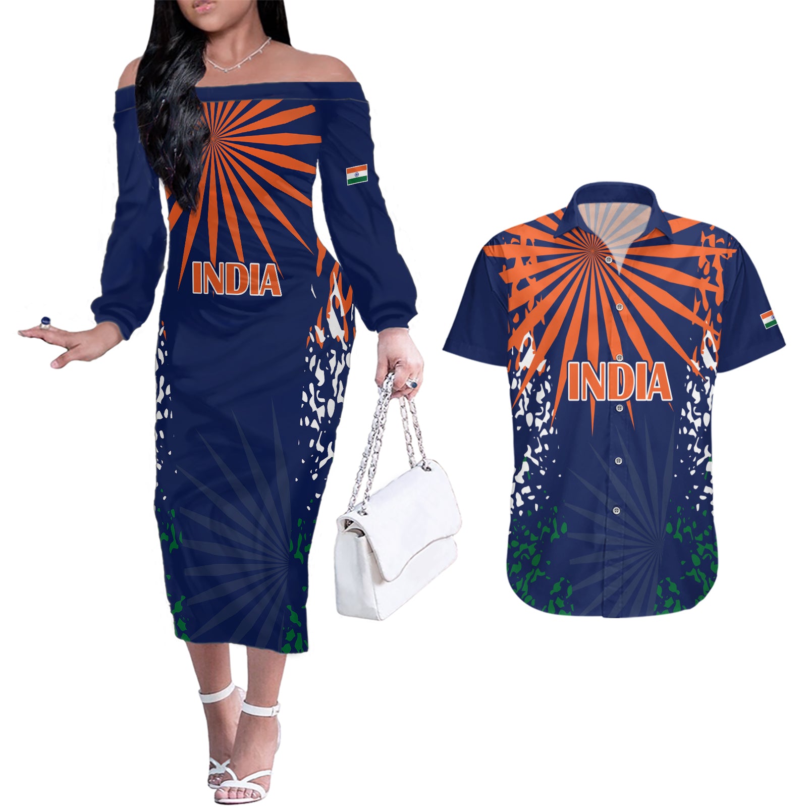 india-cricket-2023-couples-matching-off-the-shoulder-long-sleeve-dress-and-hawaiian-shirt-bharat-simple-flag-style