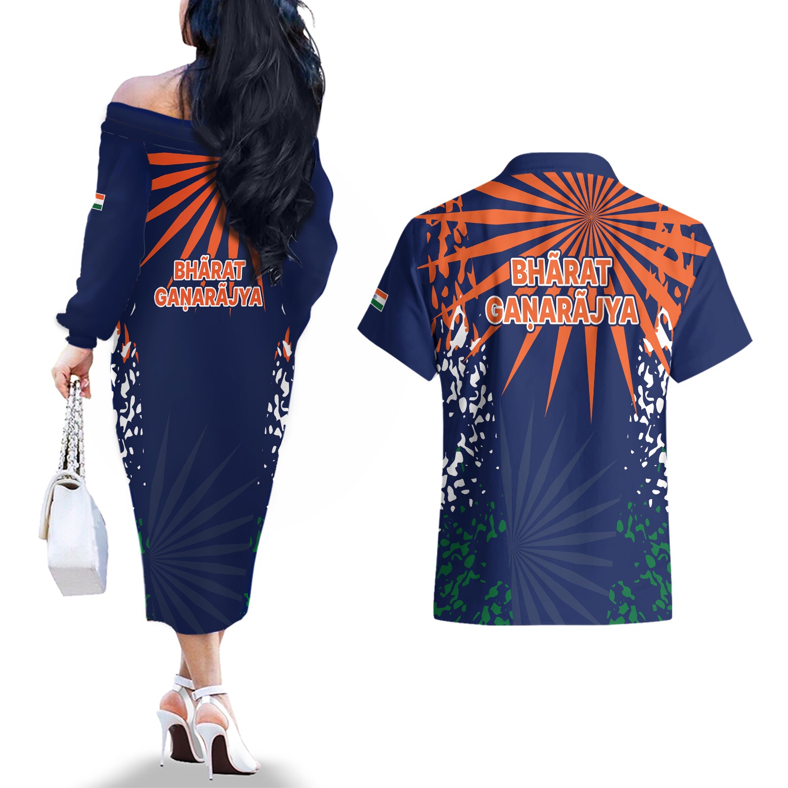 india-cricket-2023-couples-matching-off-the-shoulder-long-sleeve-dress-and-hawaiian-shirt-bharat-simple-flag-style