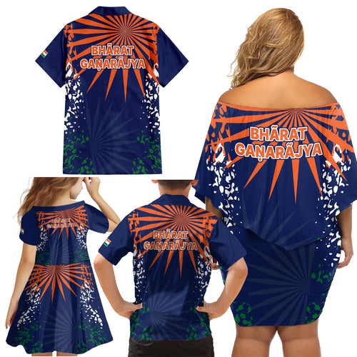 india-cricket-2023-family-matching-off-shoulder-short-dress-and-hawaiian-shirt-bharat-simple-flag-style