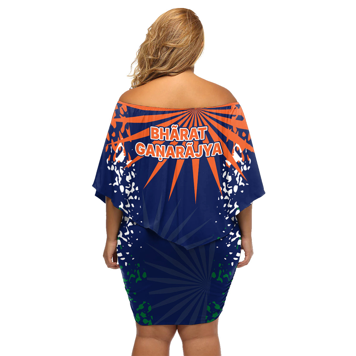 india-cricket-2023-family-matching-off-shoulder-short-dress-and-hawaiian-shirt-bharat-simple-flag-style