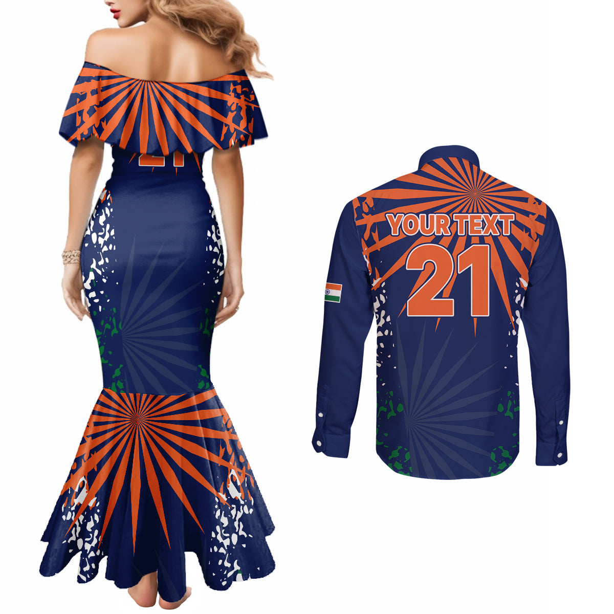 custom-india-cricket-2023-couples-matching-mermaid-dress-and-long-sleeve-button-shirts-bharat-simple-flag-style
