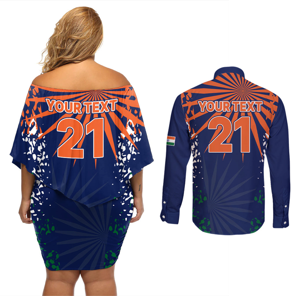 custom-india-cricket-2023-couples-matching-off-shoulder-short-dress-and-long-sleeve-button-shirts-bharat-simple-flag-style