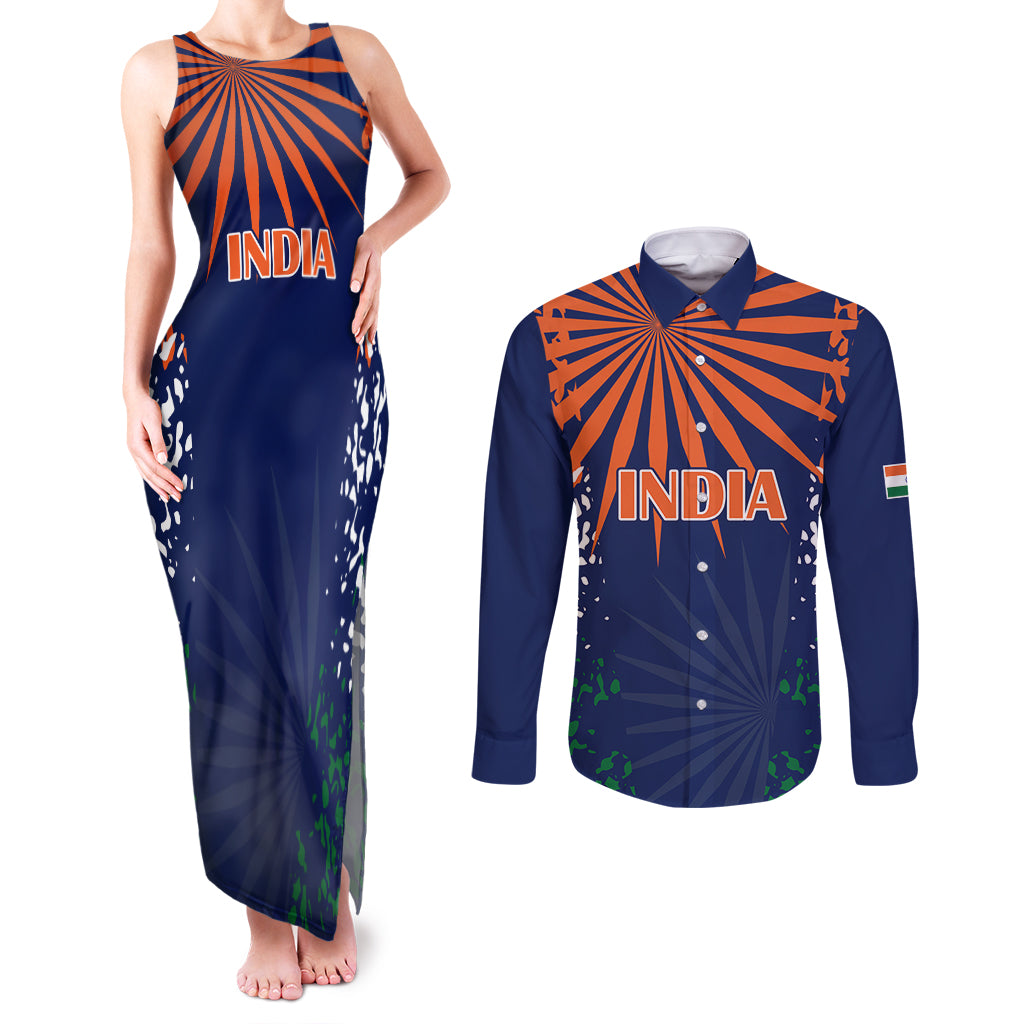 custom-india-cricket-2023-couples-matching-tank-maxi-dress-and-long-sleeve-button-shirts-bharat-simple-flag-style