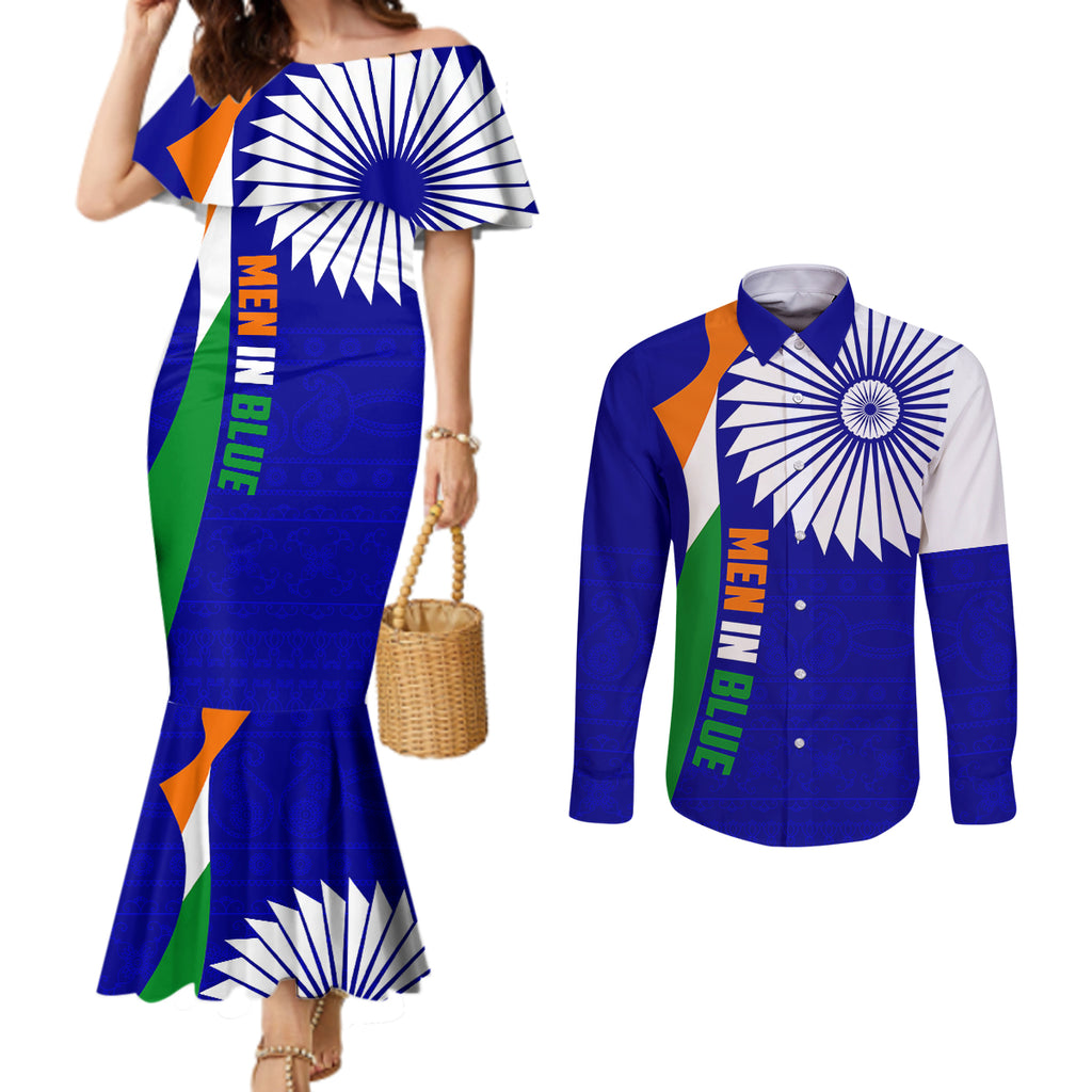 india-cricket-couples-matching-mermaid-dress-and-long-sleeve-button-shirts-men-in-blue-world-cup-2023-bharat-flag-style