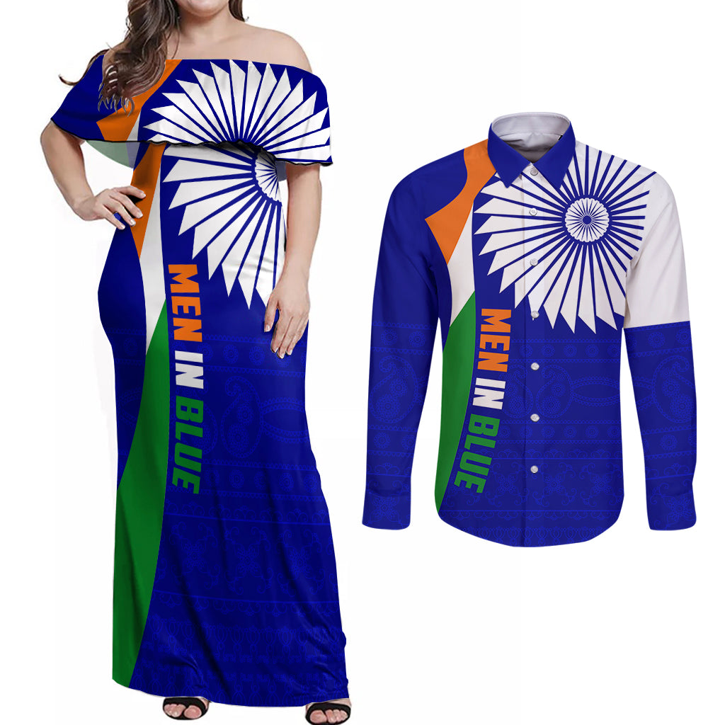 india-cricket-couples-matching-off-shoulder-maxi-dress-and-long-sleeve-button-shirts-men-in-blue-world-cup-2023-bharat-flag-style