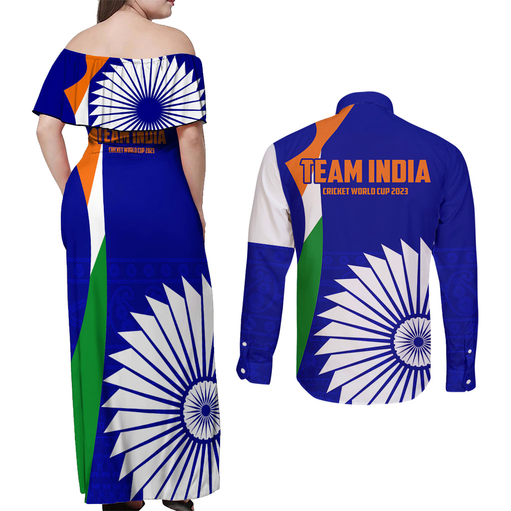 india-cricket-couples-matching-off-shoulder-maxi-dress-and-long-sleeve-button-shirts-men-in-blue-world-cup-2023-bharat-flag-style