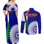 india-cricket-couples-matching-off-shoulder-maxi-dress-and-long-sleeve-button-shirts-men-in-blue-world-cup-2023-bharat-flag-style