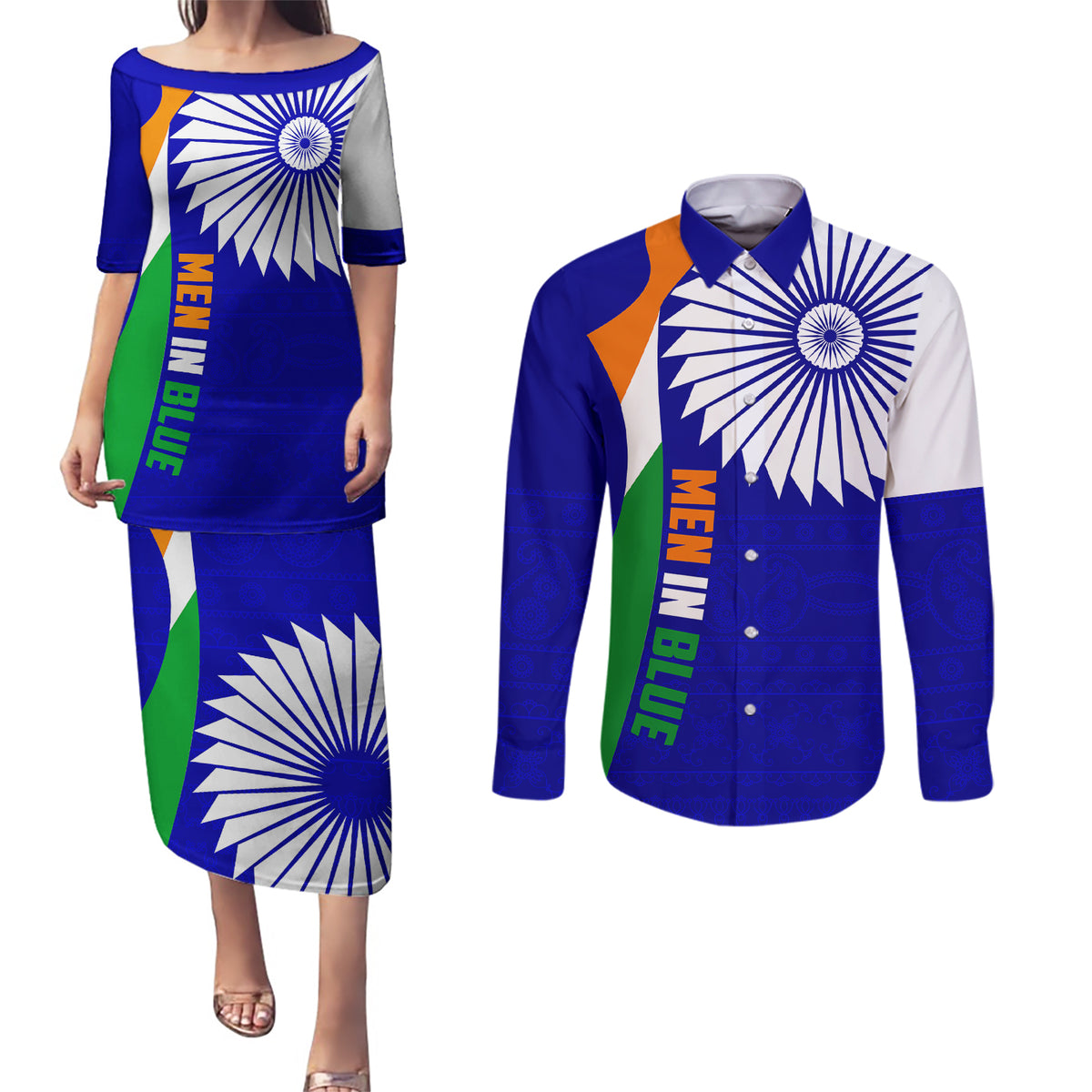 india-cricket-couples-matching-puletasi-dress-and-long-sleeve-button-shirts-men-in-blue-world-cup-2023-bharat-flag-style