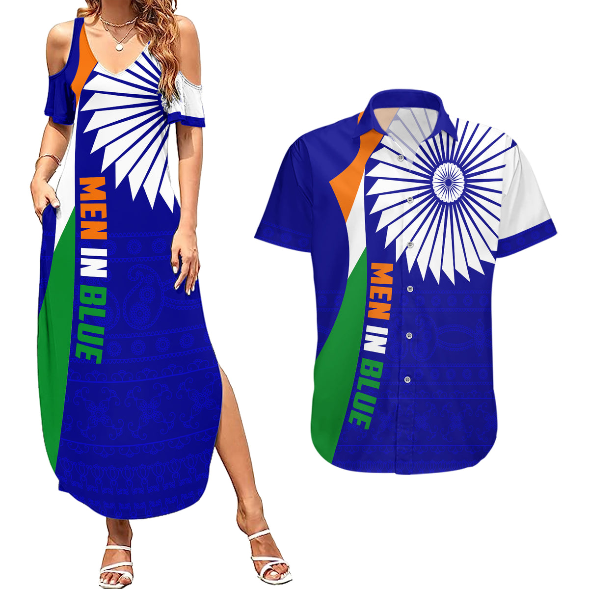 india-cricket-couples-matching-summer-maxi-dress-and-hawaiian-shirt-men-in-blue-world-cup-2023-bharat-flag-style
