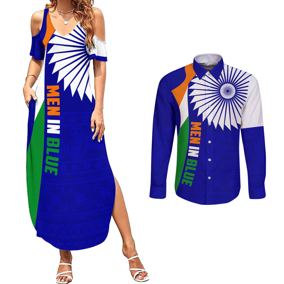 india-cricket-couples-matching-summer-maxi-dress-and-long-sleeve-button-shirts-men-in-blue-world-cup-2023-bharat-flag-style