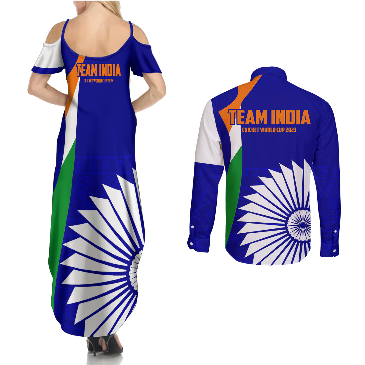 india-cricket-couples-matching-summer-maxi-dress-and-long-sleeve-button-shirts-men-in-blue-world-cup-2023-bharat-flag-style