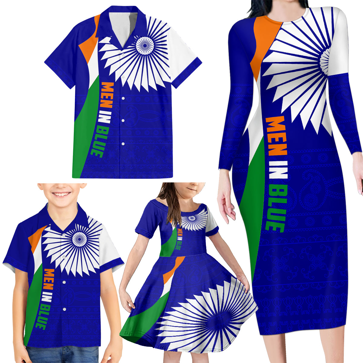 india-cricket-family-matching-long-sleeve-bodycon-dress-and-hawaiian-shirt-men-in-blue-world-cup-2023-bharat-flag-style