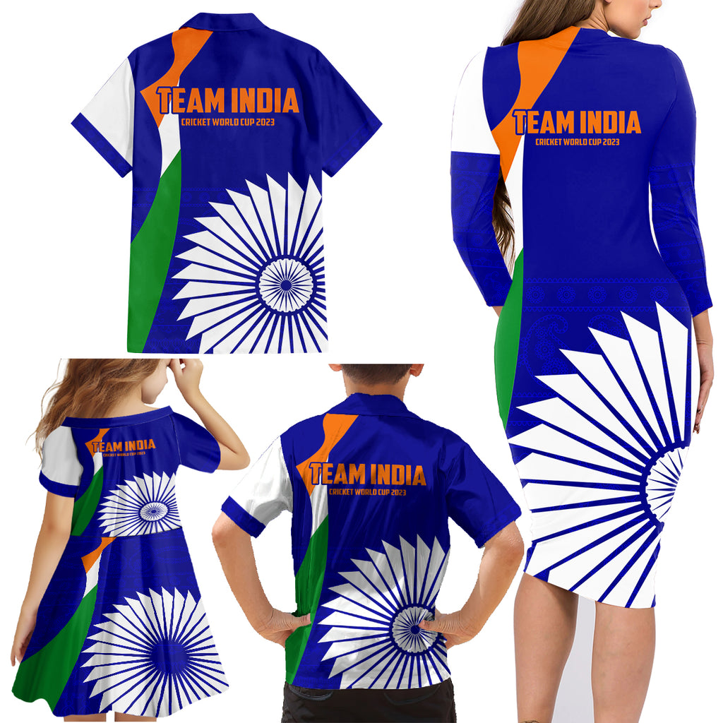 india-cricket-family-matching-long-sleeve-bodycon-dress-and-hawaiian-shirt-men-in-blue-world-cup-2023-bharat-flag-style