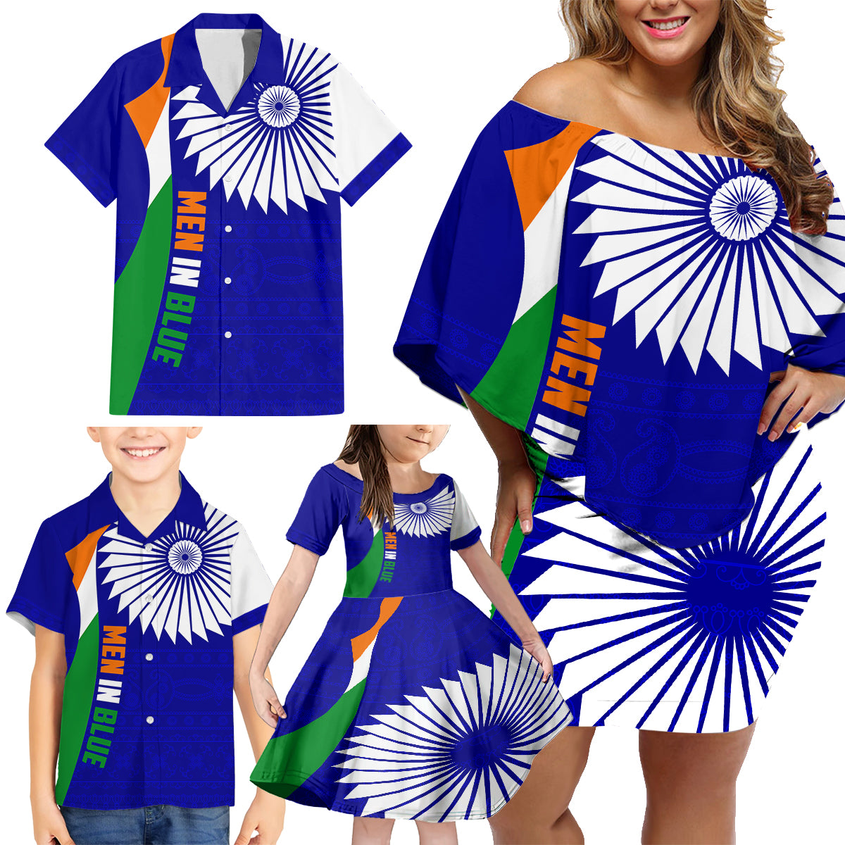 india-cricket-family-matching-off-shoulder-short-dress-and-hawaiian-shirt-men-in-blue-world-cup-2023-bharat-flag-style
