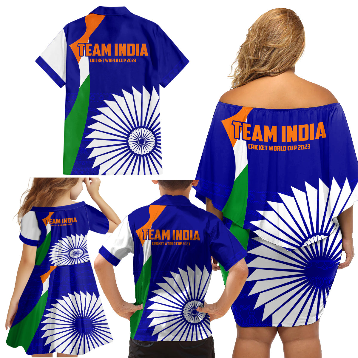 india-cricket-family-matching-off-shoulder-short-dress-and-hawaiian-shirt-men-in-blue-world-cup-2023-bharat-flag-style