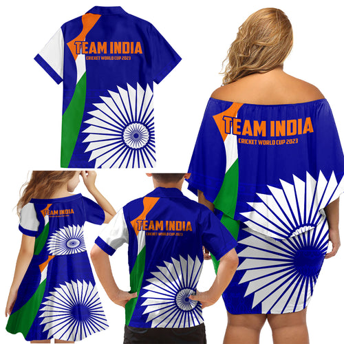 india-cricket-family-matching-off-shoulder-short-dress-and-hawaiian-shirt-men-in-blue-world-cup-2023-bharat-flag-style