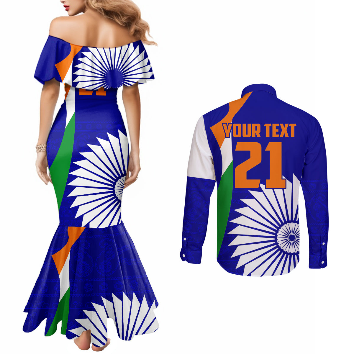 custom-india-cricket-couples-matching-mermaid-dress-and-long-sleeve-button-shirts-men-in-blue-world-cup-2023-bharat-flag-style
