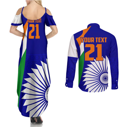custom-india-cricket-couples-matching-summer-maxi-dress-and-long-sleeve-button-shirts-men-in-blue-world-cup-2023-bharat-flag-style