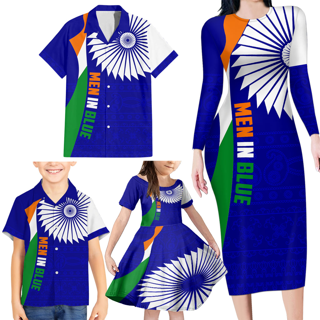custom-india-cricket-family-matching-long-sleeve-bodycon-dress-and-hawaiian-shirt-men-in-blue-world-cup-2023-bharat-flag-style