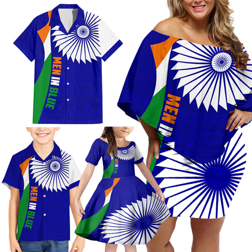 custom-india-cricket-family-matching-off-shoulder-short-dress-and-hawaiian-shirt-men-in-blue-world-cup-2023-bharat-flag-style