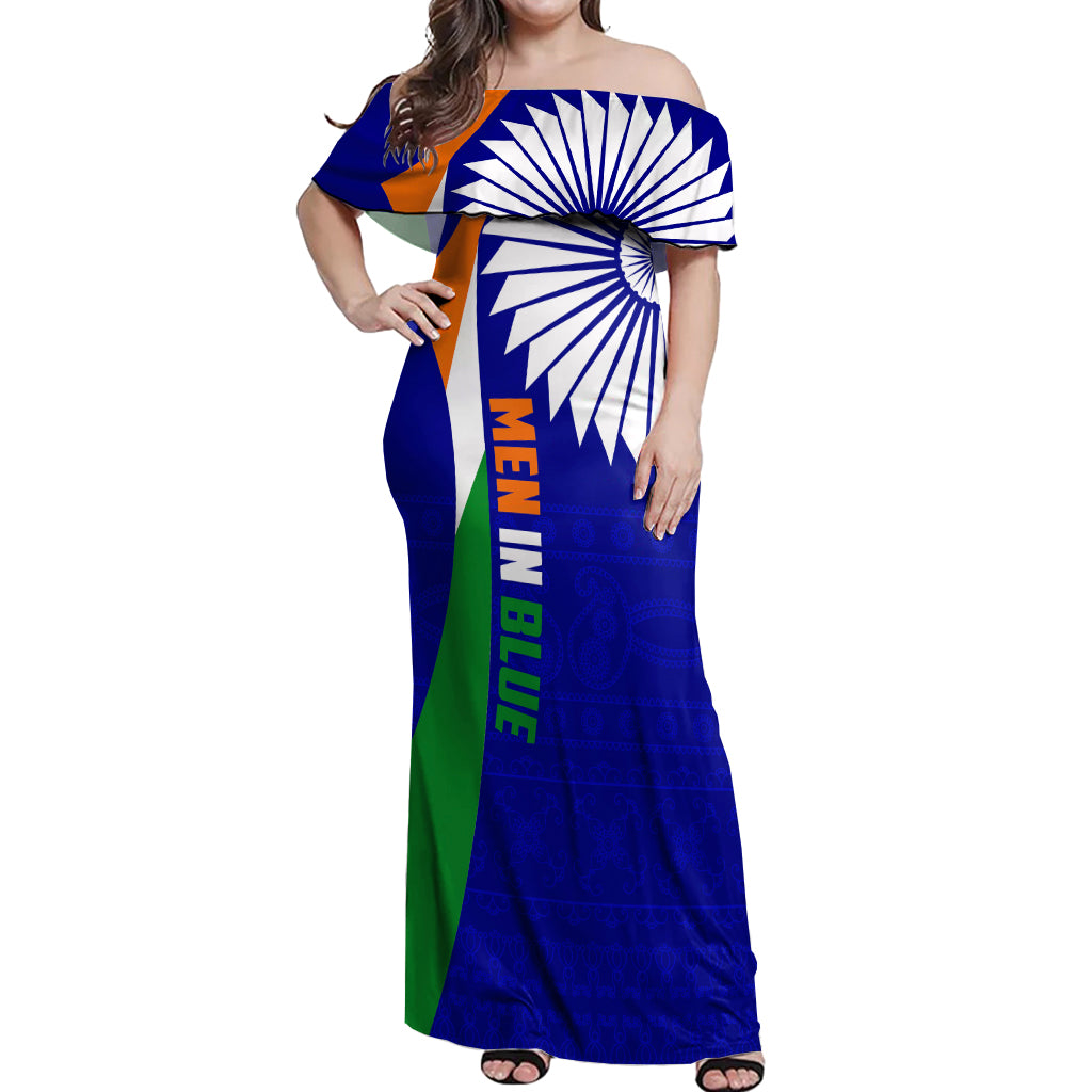 custom-india-cricket-off-shoulder-maxi-dress-men-in-blue-world-cup-2023-bharat-flag-style