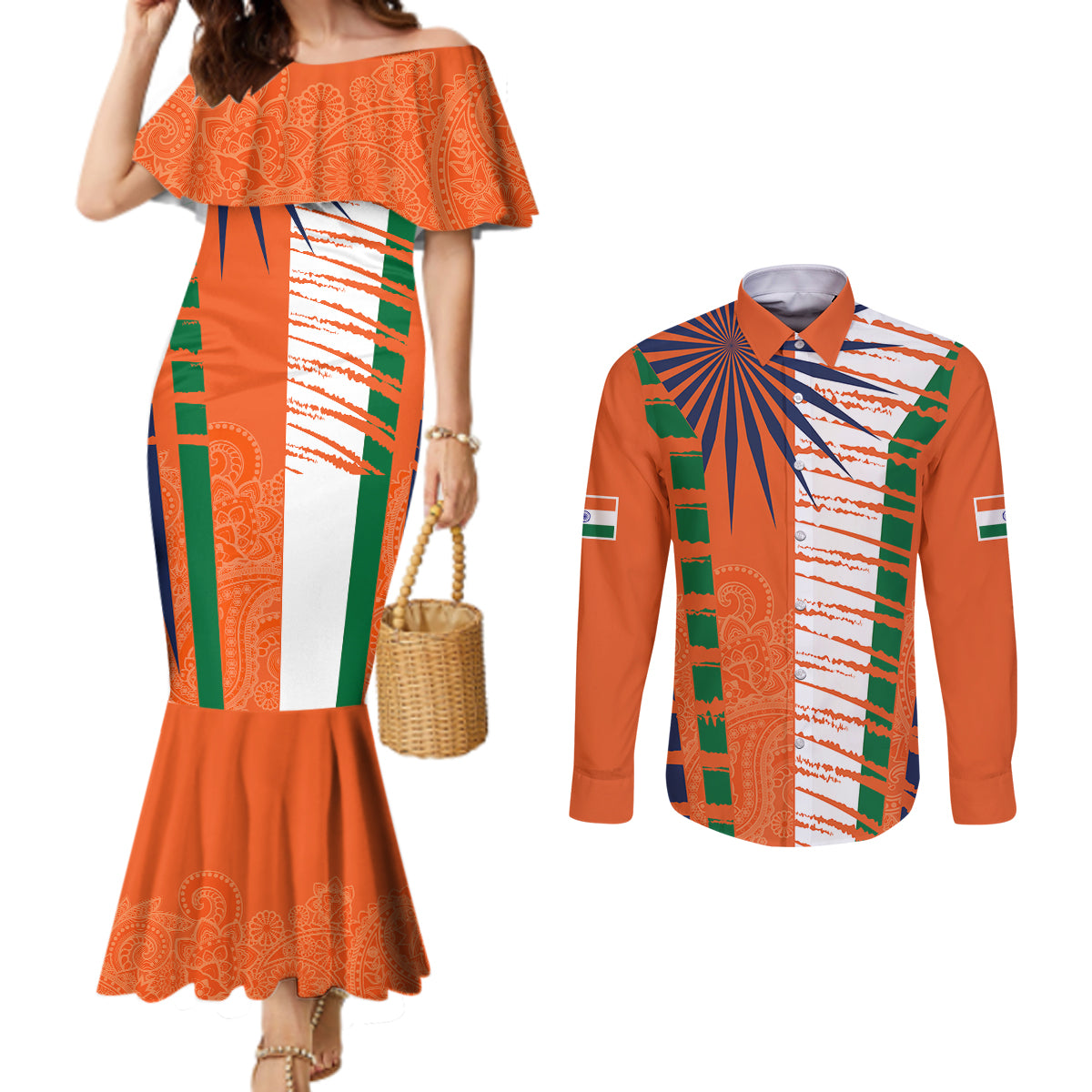 personalised-india-couples-matching-mermaid-dress-and-long-sleeve-button-shirts-raising-sun-indian-pattern-mandala-murals