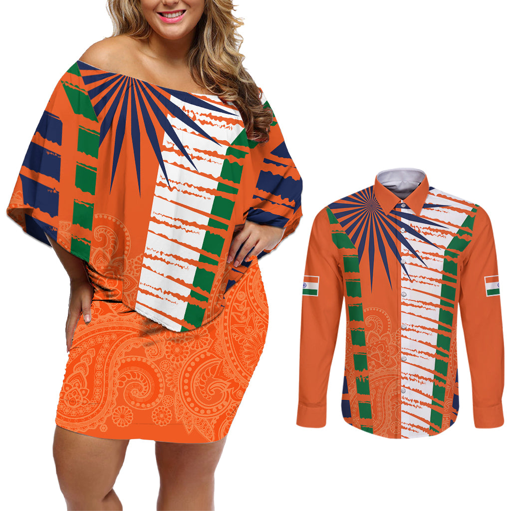 personalised-india-couples-matching-off-shoulder-short-dress-and-long-sleeve-button-shirts-raising-sun-indian-pattern-mandala-murals