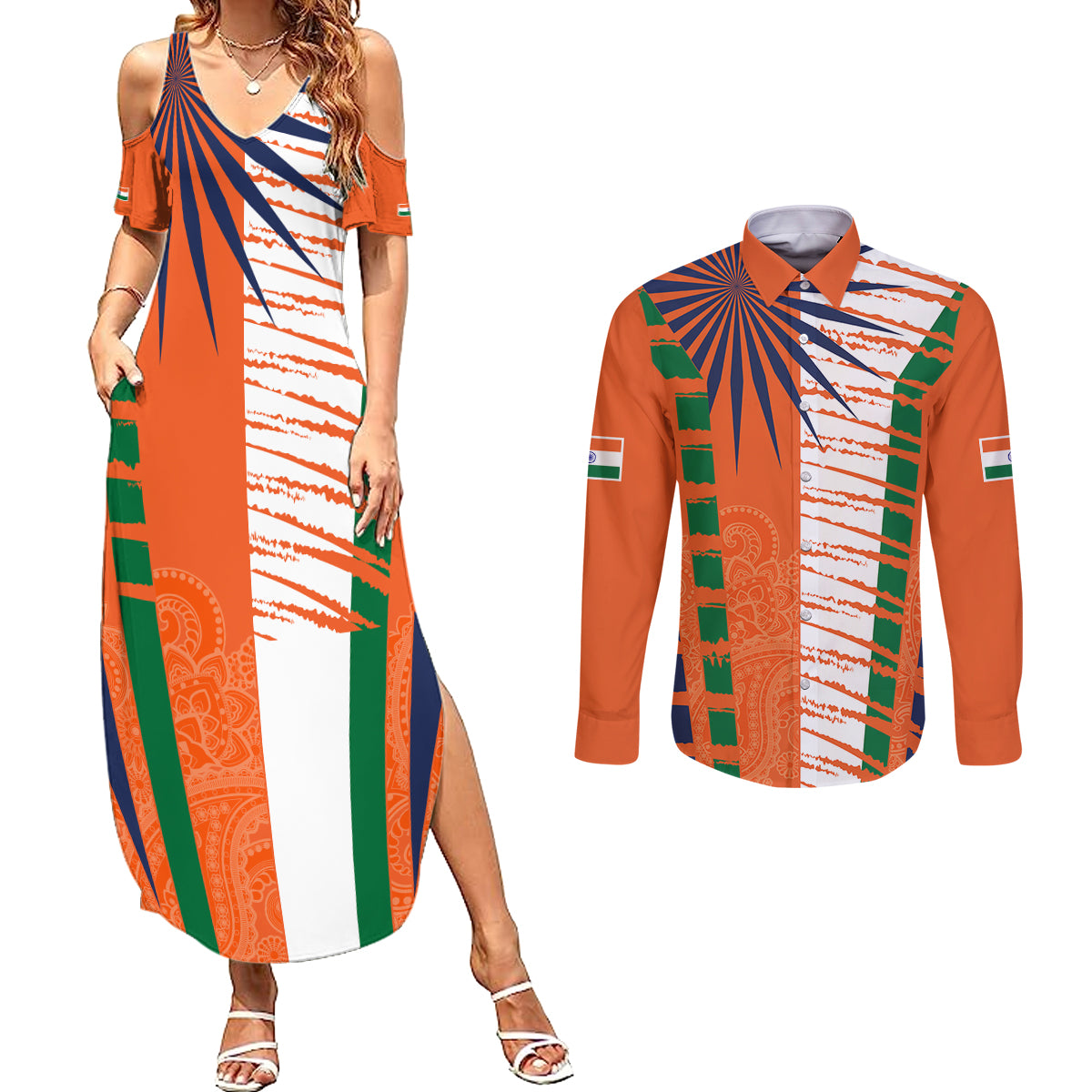 personalised-india-couples-matching-summer-maxi-dress-and-long-sleeve-button-shirts-raising-sun-indian-pattern-mandala-murals