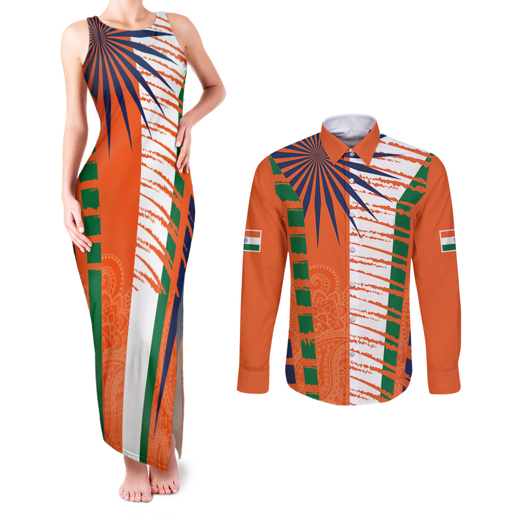 personalised-india-couples-matching-tank-maxi-dress-and-long-sleeve-button-shirts-raising-sun-indian-pattern-mandala-murals