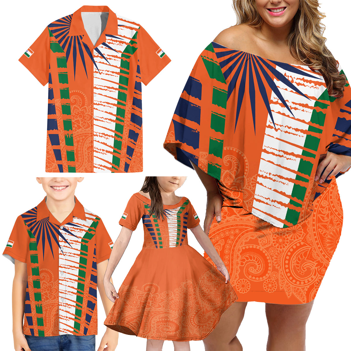 personalised-india-family-matching-off-shoulder-short-dress-and-hawaiian-shirt-raising-sun-indian-pattern-mandala-murals