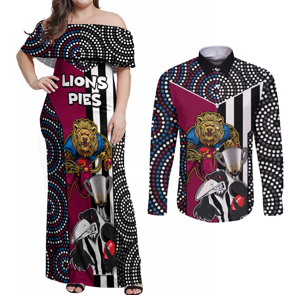 afl-magpies-combine-lions-couples-matching-off-shoulder-maxi-dress-and-long-sleeve-button-shirts-together-go-champions-2023