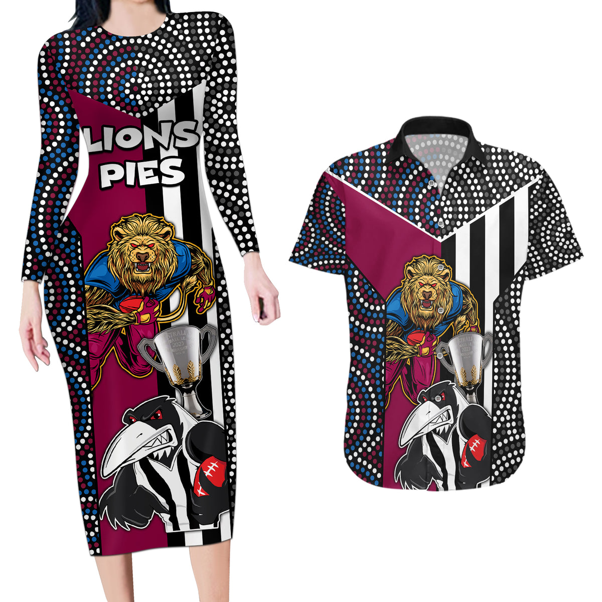 custom-afl-magpies-combine-lions-couples-matching-long-sleeve-bodycon-dress-and-hawaiian-shirt-together-go-champions-2023